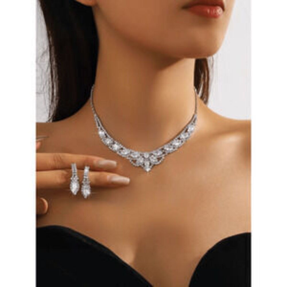 CZ V-Neck Teardrop Pendant Jewelry Set, Wo Gift Minimalist